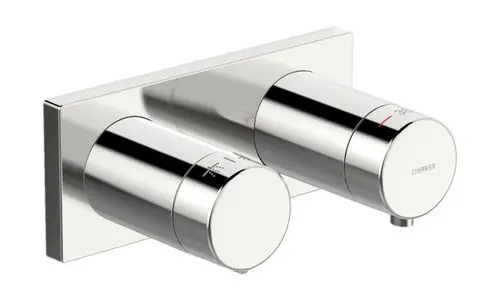 Wandmontiertes Duschthermostat von HANSA mit zwei Drehreglern für Temperatur und Durchfluss, in verchromter Oberfläche, rechteckige Montageplatte.